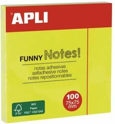 APLI Öntapadó jegyzettömb, 75x75 mm, 100 lap, APLI "Funny", neon sárga (100 lap) (LNP11897)