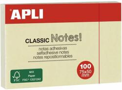 APLI Öntapadó jegyzettömb, 50x75 mm, 100 lap, APLI "Classic", sárga (100 lap) (LNP10971)