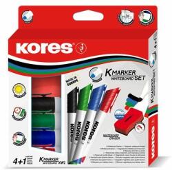 Kores Tábla- és flipchart marker készlet mágneses táblatörlõ szivaccsal, 3 mm, kúpos KORES "XW1", 4 különbözõ szín (4 db) (IK20863)
