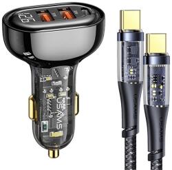 USAMS autós töltő 2 USB aljzat / Type-C aljzat ( 5V / 3A, 80W, gyorstöltés támogatás + Type-C kábel) FEKETE (BXLACCTC01)