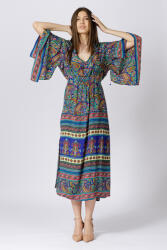 Boho Fashion Rochie lunga din matase indiana cu maneca ampla si imprimeu arabesque albastru-verde Talie unica