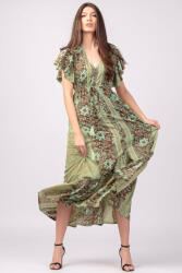 SHOPIKA Rochie lunga cu volan si imprimeu floral, din matase indiana verde menta - maro Talie unica