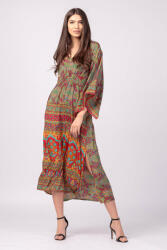 Boho Fashion Rochie lunga din matase indiana cu maneca ampla si imprimeu arabesque rosu-verde Talie unica
