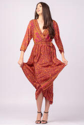 Boho Fashion Rochie cu bust petrecut, din matase indiana, cu imprimeu oriental portocaliu-fucsia Talie unica