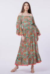 Flex Moda Rochie lunga din matase indiana, pe umeri, cu maneci ample, verde-corai Talie unica