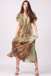 SHOPIKA Rochie lunga cu volan si imprimeu floral, din matase indiana verde menta - portocaliu Talie unica