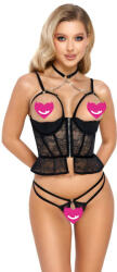 Abierta Fina Lace with Velvet Longline Bra & Crotchless Panties Set 2221306 Black 80B/M