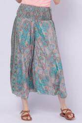 Flex Moda Fusta pantalon 3 4 ampla din matase indiana cu imprimeu roz pe fond turcoaz Albastru Talie unica