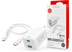 Hama hálózati töltő adapter USB + Type-C bemenettel + Type-C - Type-C kábel - 32W - HAMA Mini Charger Kit PD3.0 + QC3.0 - fehér - nextelshop