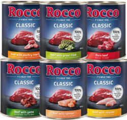 Rocco 6x800g Rocco nedves kutyatáp vegyes próbacsomagban- Classic 6 változat: marha, csirke, lazac, szárnyasszív, vad, pacal