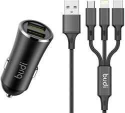 budi autós töltő, 2x USB, 2.4A + 3in1 USB a USB-C / Lightning / Micro USB kábel (fekete) (627T3)