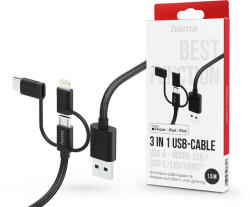 Hama USB-A - micro USB / Type-C / Lightning adat- és töltőkábel 1, 5 m-es vezetékkel - HAMA 3in1 USB-Cable - fekete - nextelshop