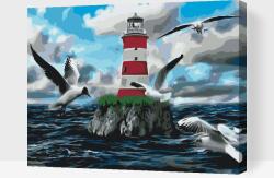 Festés számok szerint - Fehér-piros világítótorony sirályokkal Méret: 30x40cm, Keretezés: Kartonlemezen