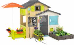 Smoby Házikó Jóbarátok kerttel a napernyő alatt elegáns színekben Friends House Evo Playhouse Smoby bővíthető (SM810228-1M)