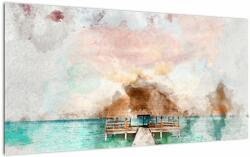 Mivali Tablou pe sticlă - Maldive, debarcader din lemn, dintr-o bucată 100x50 cm pe sticlă (V022786V10050GD)