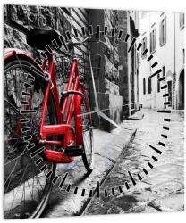 Mivali Tablou - Bicicleta roșie pe o stradă pavată (cu ceas), dintr-o bucată 30x30 cm cu ceas (V023213V3030C)