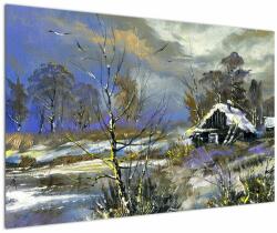 Mivali Tablou -Cabane într-un peisaj de iarnă, pictură în ulei, dintr-o bucată 120x80 cm (V023248V12080)