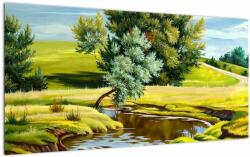 Mivali Tablou pe sticlă - Râu între câmpii, pictură în ulei, dintr-o bucată 100x50 cm pe sticlă (V023241V10050GD)