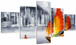 Mivali Tablou - Victoria Harbour, Hong Kong, pictură în ulei alb- negru, din cinci bucăți 125x70 cm (V023100V12570)