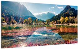Mivali Tablou pe sticlă - Lacul Jasna, Gozd Martuljek, Alpii Iulieni, Slovenia, dintr-o bucată 100x50 cm pe sticlă (V022937V10050GD)
