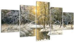 Mivali Tablou - Cabană în pădure, pictură în uei (cu ceas), din cinci bucăți 150x80 cm cu ceas (V023251V15080C)