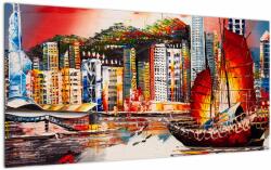 Mivali Tablou pe sticlă - Victoria Harbour, Hong Kong, pictură în ulei, dintr-o bucată 100x50 cm pe sticlă (V023098V10050GD)