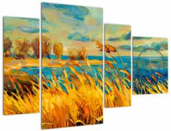 Mivali Tablou - Apus de soare peste lac, pictură acrilică (cu ceas), din patru bucăți 110x75 cm cu ceas (V023296V11075C)