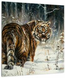 Mivali Tablou pe sticlă - Tigru într-o pădure înzăpezită, pictură în ulei, dintr-o bucată 40x40 cm pe sticlă (V023236V4040GD)
