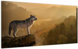 Mivali Tablou pe sticlă - Lup pe stăncă, dintr-o bucată 100x50 cm pe sticlă (V022674V10050GD)