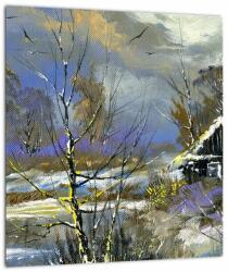 Mivali Tablou pe sticlă -Cabane într-un peisaj de iarnă, pictură în ulei, dintr-o bucată 30x30 cm pe sticlă (V023248V3030GD)