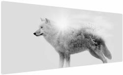 Mivali Tablou - Lupul arctic oglindit în peisajul sălbatic, alb-negru, dintr-o bucată 250x125 cm (V023420V250125)