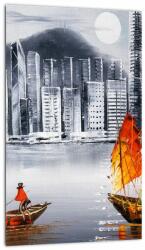 Mivali Tablou - Victoria Harbour, Hong Kong, pictură în ulei alb- negru, dintr-o bucată 20x30 cm (V023100V2030)