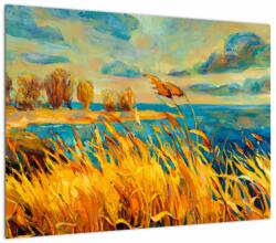 Mivali Tablou pe sticlă - Apus de soare peste lac, pictură acrilică, dintr-o bucată 70x50 cm pe sticlă (V023296V7050GD)