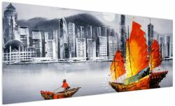 Mivali Tablou - Victoria Harbour, Hong Kong, pictură în ulei alb- negru, dintr-o bucată 250x125 cm (V023100V250125)