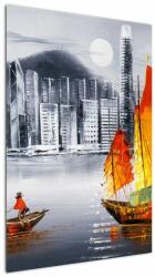 Mivali Tablou - Victoria Harbour, Hong Kong, pictură în ulei alb- negru, dintr-o bucată 60x90 cm (V023100V6090)