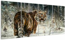 Mivali Tablou - Tigru într-o pădure înzăpezită, pictură în ulei, din patru bucăți 160x80 cm (V023236V16080)