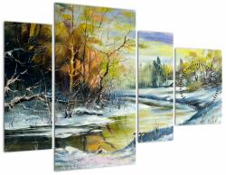 Mivali Tablou - Râu de iarnă, pictură în ulei (cu ceas), din patru bucăți 110x75 cm cu ceas (V023235V11075C)
