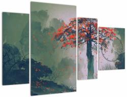 Mivali Tablou - Copacul roșu singuratic (cu ceas), din patru bucăți 110x75 cm cu ceas (V023218V11075C)