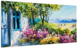 Mivali Tablou pe sticlă - Grădina din fața casei, pictură în ulei, dintr-o bucată 100x50 cm pe sticlă (V023178V10050GD)