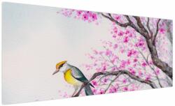 Mivali Tablou - Pasăre pe un copac cu flori roz, dintr-o bucată 250x125 cm (V023681V250125)