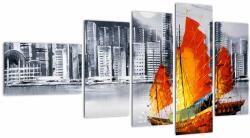 Mivali Tablou - Victoria Harbour, Hong Kong, pictură în ulei alb- negru, din cinci bucăți 110x60 cm (V023100V11060)