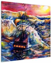 Mivali Tablou - Navă pe valurile oceanului, aquarelă, dintr-o bucată 70x70 cm (V022808V7070)