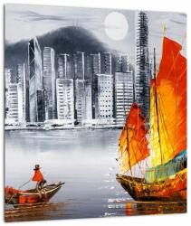 Mivali Tablou pe sticlă - Victoria Harbour, Hong Kong, pictură în ulei alb- negru, dintr-o bucată 30x30 cm pe sticlă (V023100V3030GD)