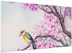 Mivali Tablou - Pasăre pe un copac cu flori roz, dintr-o bucată 120x70 cm (V023681V12070)