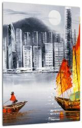 Mivali Tablou - Victoria Harbour, Hong Kong, pictură în ulei alb- negru, dintr-o bucată 30x40 cm (V023100V3040)