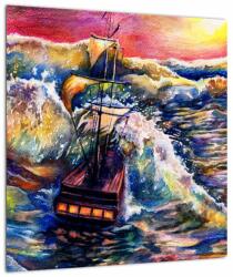Mivali Tablou pe sticlă - Navă pe valurile oceanului, aquarelă, dintr-o bucată 40x40 cm pe sticlă (V022808V4040GD)