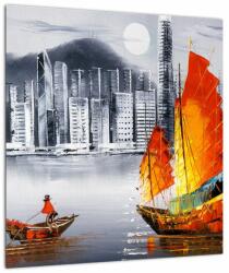 Mivali Tablou - Victoria Harbour, Hong Kong, pictură în ulei alb- negru, dintr-o bucată 40x40 cm (V023100V4040)