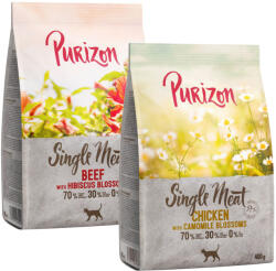 Purizon 2x400g Purizon száraz macskatáp vegyes próbacsomagban- Single Meat csirke & kamillavirág + marha & hibiszkuszvirág