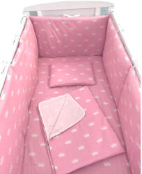 Deseda Lenjerie de pat bebelusi 140x70 cm cu aparatori laterale pufoase, cearsaf, paturica dubla si pernuta slim deseda coronite albe pe roz