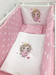 Deseda Lenjerie de patut bebelusi personalizata imprimata 120x60 cm printesa cu coronite albe pe roz